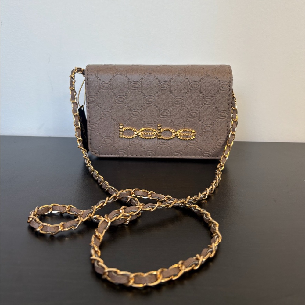 Bebe Brown Textured Crossbody Bag with Gold Chain